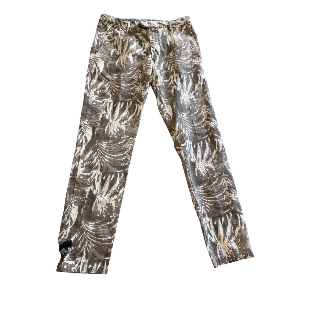 JW Brine Mens Palm Leaf Print Cotton Trousers Made in Italy Brown Cream 50/US 35